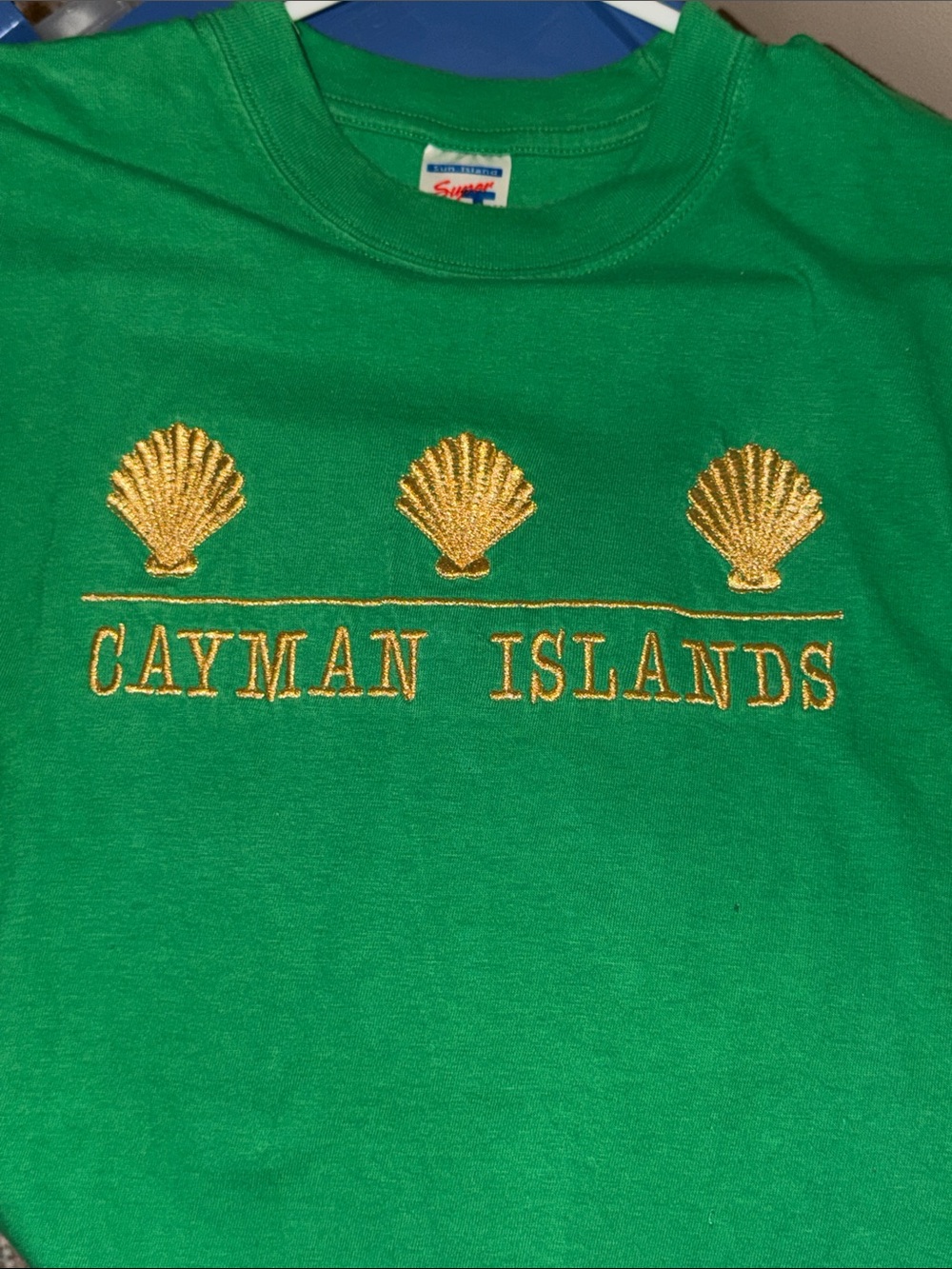 Cayman Islands Green Embroidered Shell T-Shirt; Large